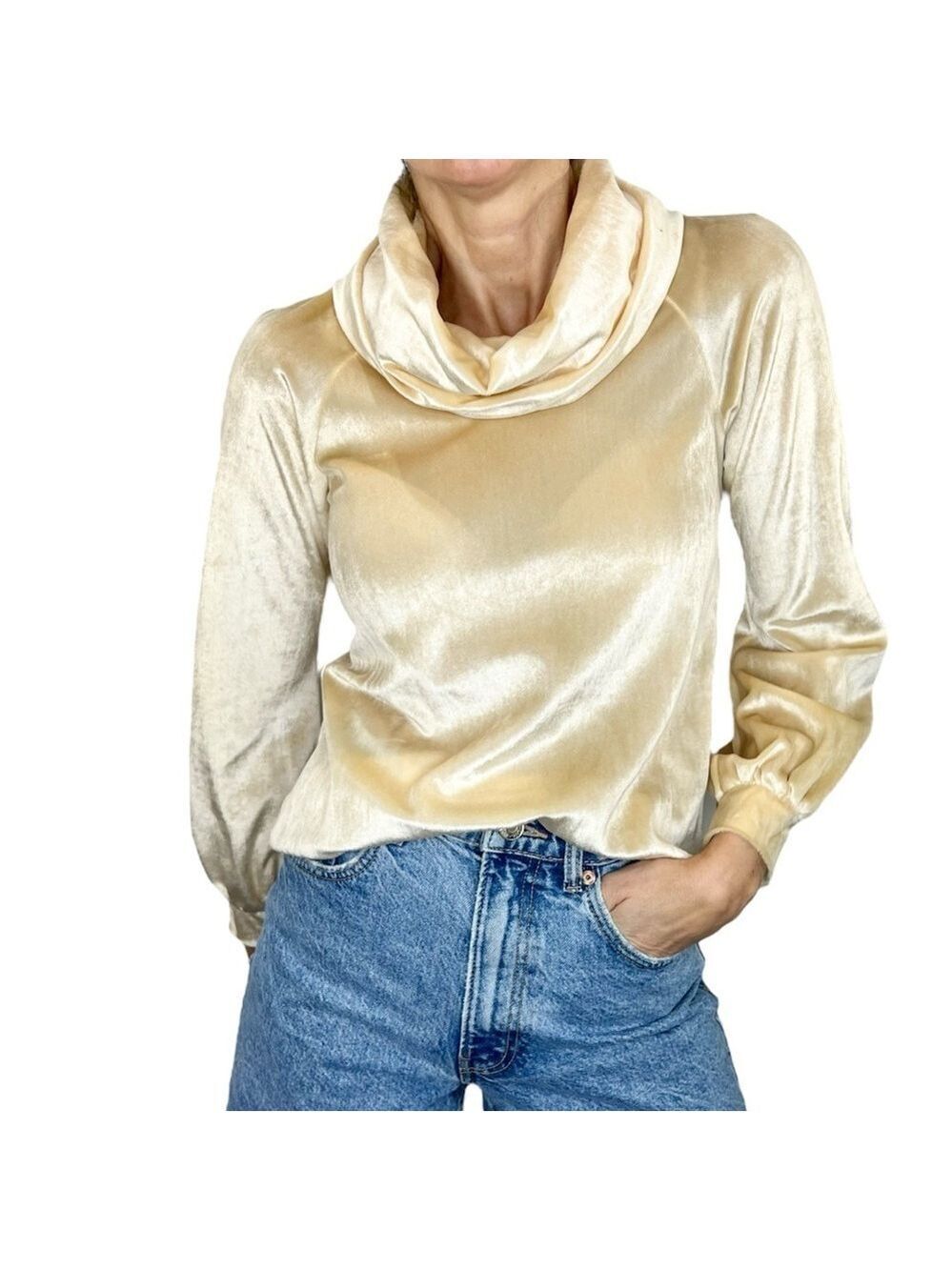 Vintage 70s Hi Georgie Canadian made cream velour cowl neck long sleeve top 7